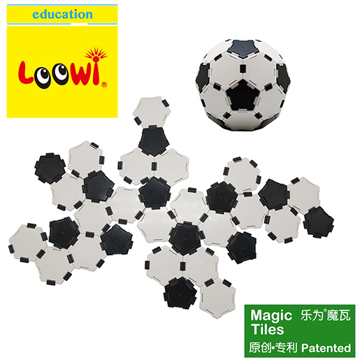 Loowi Magic Tiles in Loowi Football, To construct a football by youself. Football has 12 regular pentagons + 20 regular hexagons + 90 edges with 60 vertexs. The structure of football is footballene C60 structure.